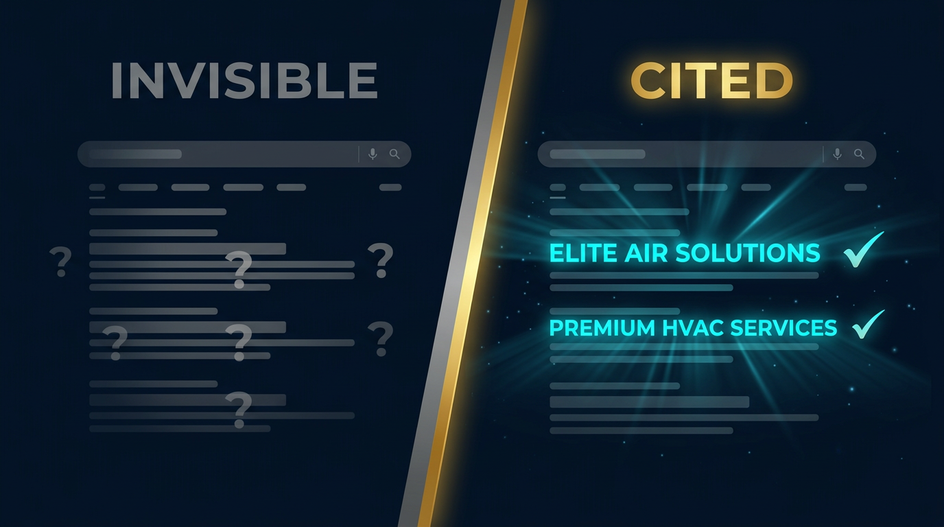 Split comparison: an invisible HVAC company on the left, a cited and recommended company on the right